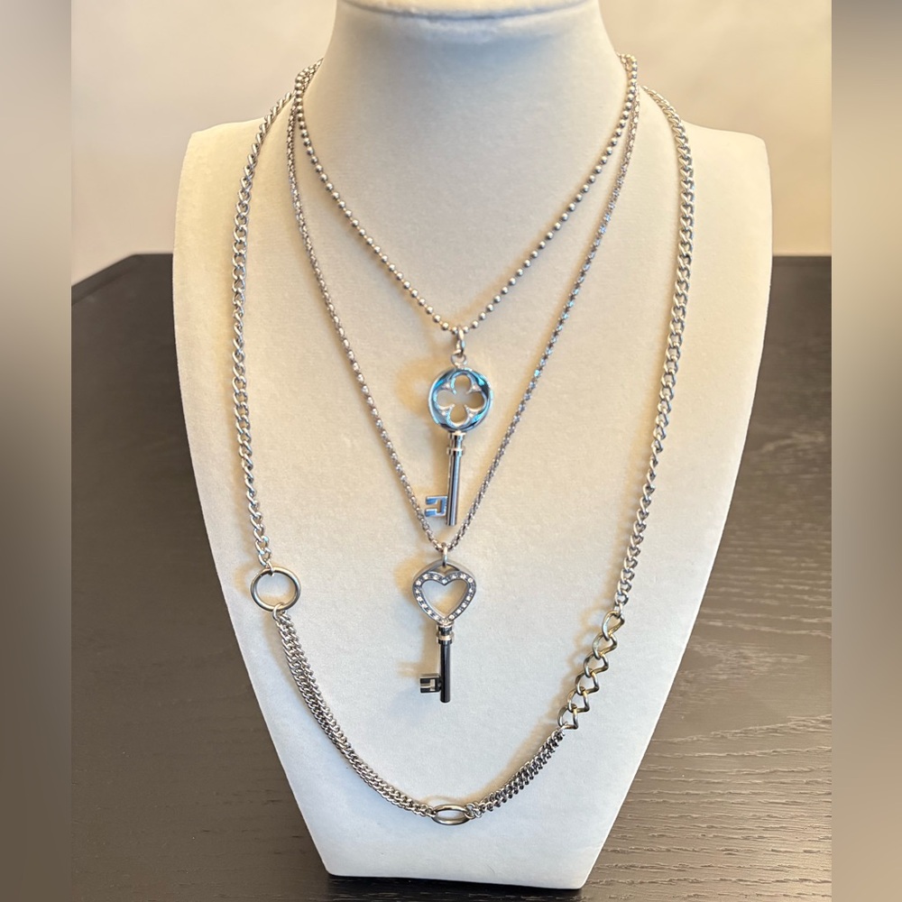 [SOLD]Set Of 2 EDFORCE Stainless Steel CZ Large Statement Key Pendant Necklaces